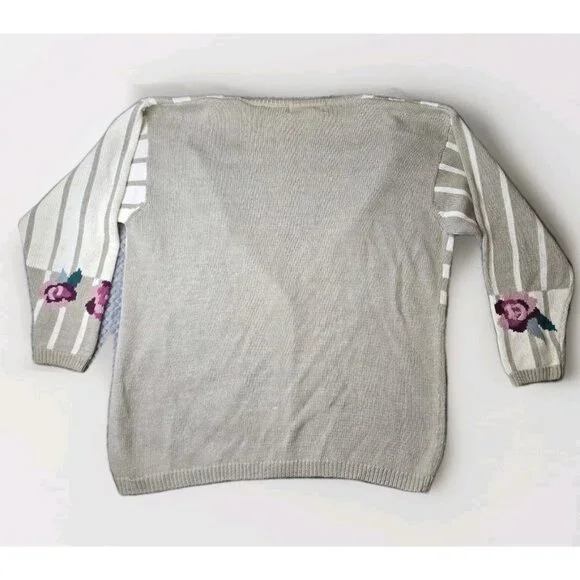 Grandma Chic 👵 Vtg‎ 90s Rose Themed Sweater Cardigan Checker Stripe 14/16 - Picture 2 of 7